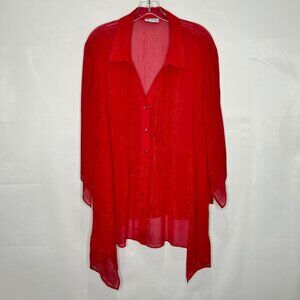MAGGIE BARNES For CATHERINES Woman's Blouse sz 2X Plus Red Sheer Metallic Top